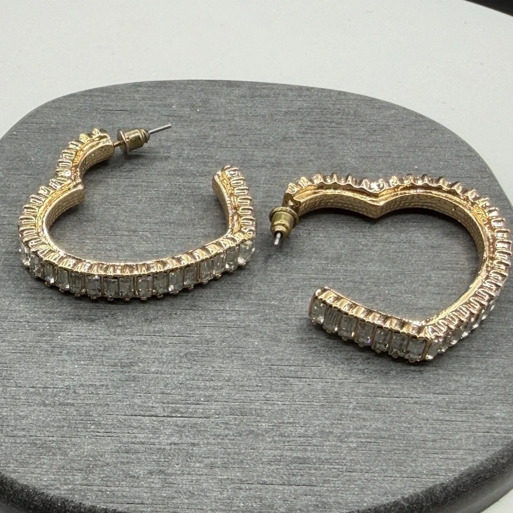 Gold Tone Crystal Baguette Heart Hoop Earrings Statement Romantic Gift for Her